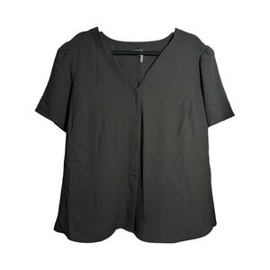 1.STATE Blouse Womens 1X Black V Neck Button Front Short Sleeve